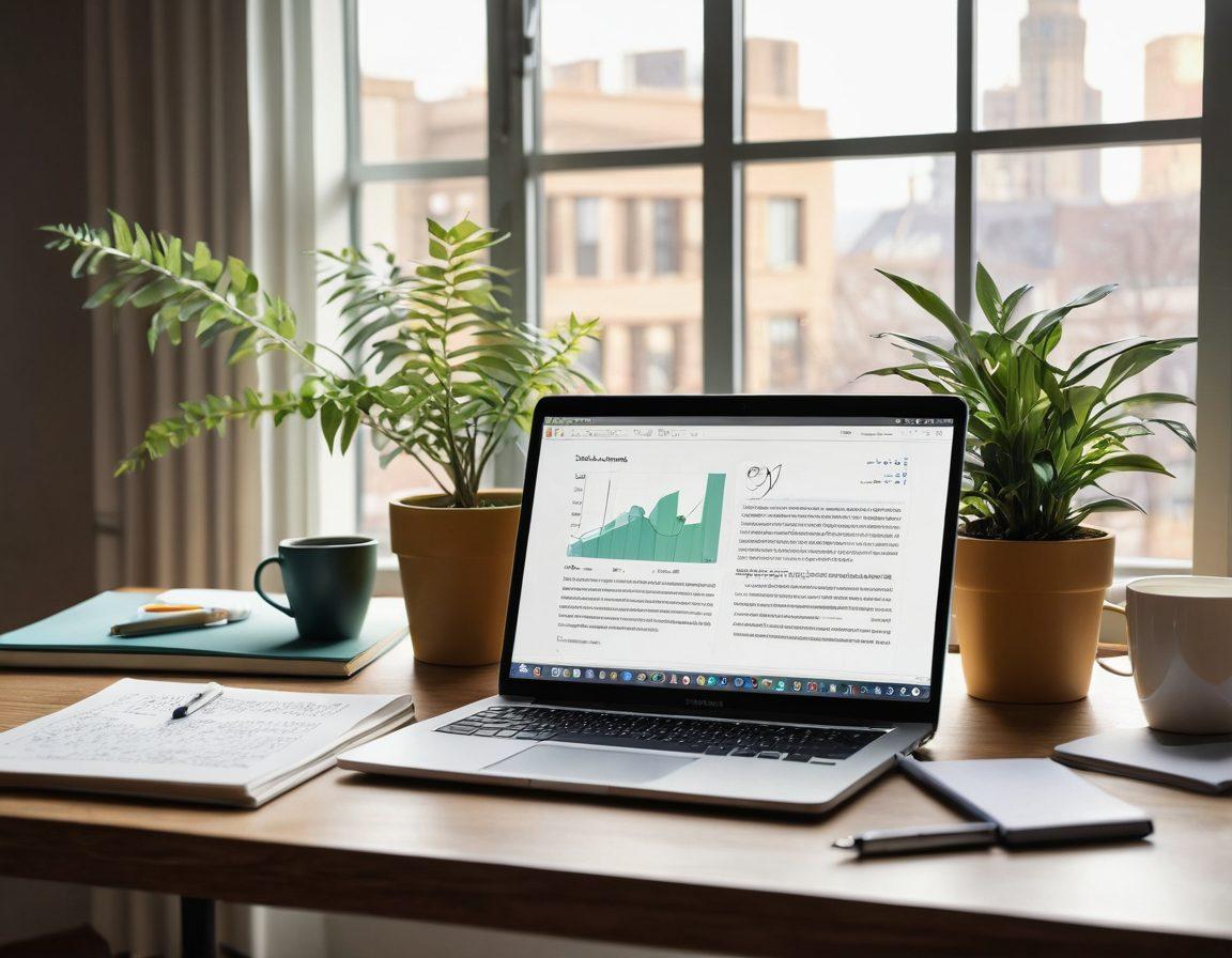 A visually captivating digital workspace featuring a modern laptop with an open online journal, surrounded by notes and books with expert insights. In the background, a stylized graph representing growth and knowledge, complemented by a calming desk plant. Warm light filters through a window, creating an inviting atmosphere for creativity and learning. vibrant colors. super-realistic.