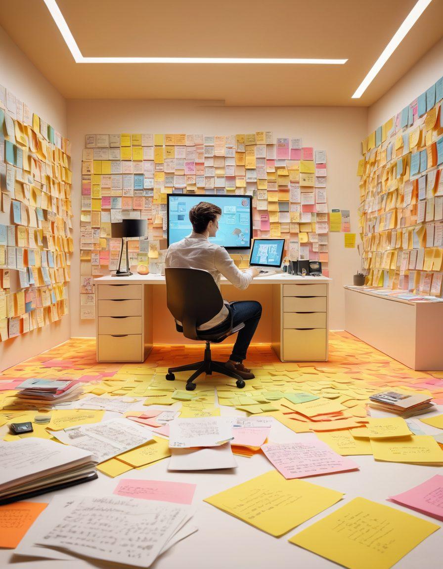 A captivating scene of a person sitting at a modern desk, surrounded by vibrant digital screens showcasing imaginative storytelling elements like animated characters, typography, and video snippets. The room is filled with colorful post-it notes and sketches, representing the creative process. Soft, warm light illuminates the space, suggesting inspiration and productivity. super-realistic. vibrant colors. white background.