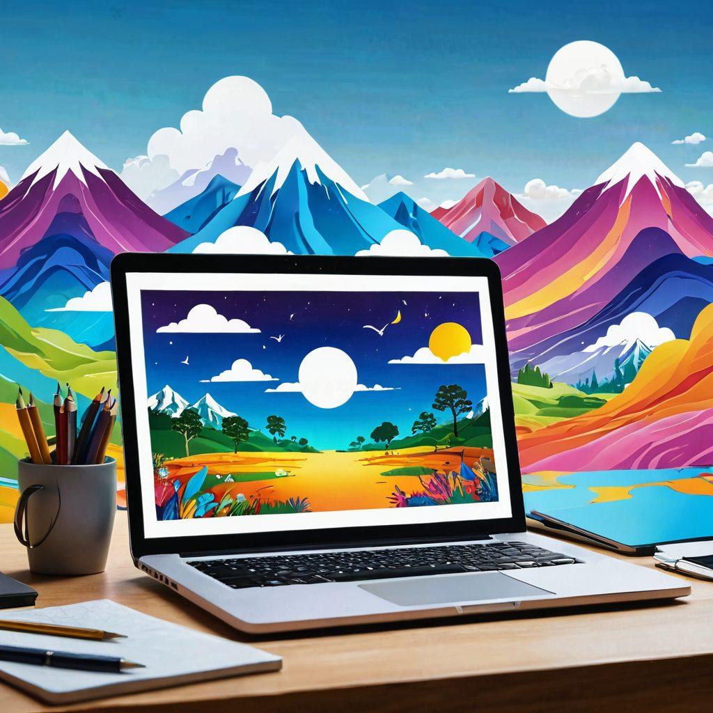 An open laptop with vibrant screens filled with colorful digital storytelling elements like animated characters, dynamic text, and interactive graphics. Surrounding the laptop are various creative resources such as books, sketchpads, and digital art tools, symbolizing elevation and inspiration. The background features a dreamy landscape that merges reality with digital art, suggesting a world of possibilities. super-realistic. vibrant colors. white background.